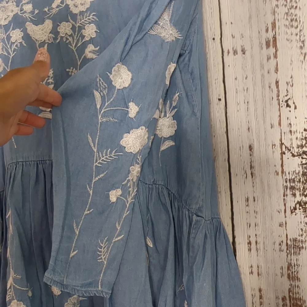 Philosophy Tencel Chambray Drop Waist Dress W/ Long Sleeves, Floral Embroidery - Picture 5 of 13
